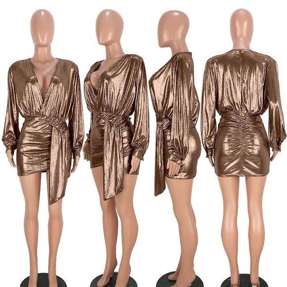 Bronze metallic mini asymmetrical deep-v dress - Picture 10 of 10